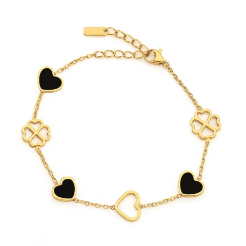 Bransoletka na rękę stal chirurgiczna pozłacana 14k złotem SERCA, Koniczynki BST1551