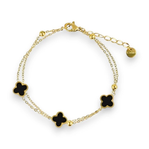 Bransoletka na rękę stal chirurgiczna pozłacana 14k złotem podwójna, koniczynki BST1571