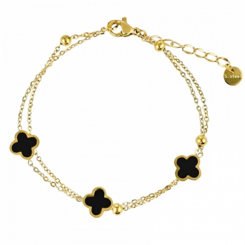 Bransoletka na rękę stal chirurgiczna pozłacana 14k złotem podwójna, koniczynki BST1571