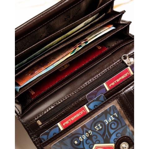 Duży, skórzany portfel damski w brązowym kolorze z systemem RFID - Peterson