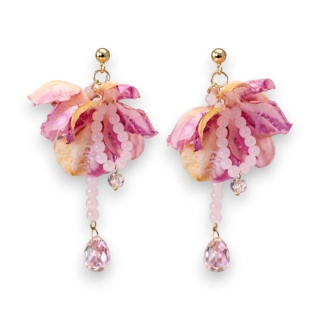 Kolczyki wiszące, efektowne tiulowe różowe z kryształkami, sztyft K1730