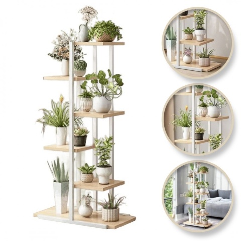 Kwietnik Biało-Brązowy 113x60x20cm – Regał na Kwiaty z 6 Półkami SZ16B