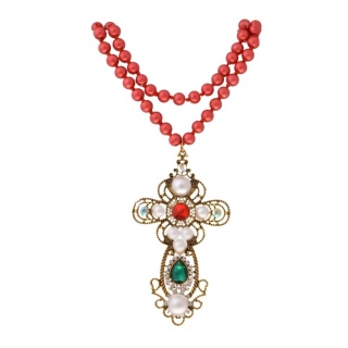 Naszyjnik- korale kolor rudy z krzyżem 23