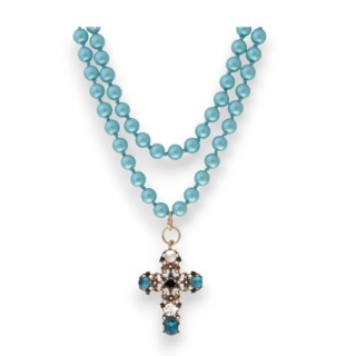 Naszyjnik- korale kolor turkusowy z krzyżem 24