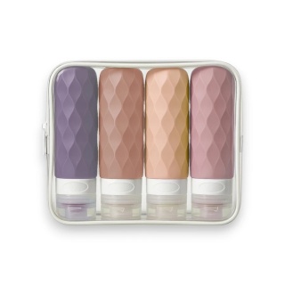 Podróżne, wielokolorowe butelki silikonowe zapakowane w kosmetyczkę - Peterson