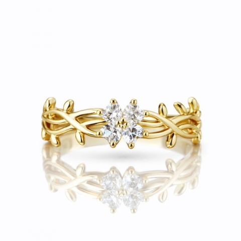 Pierścionek stal chirurgiczna platerowana 14k złotem, pleciony, KWIAT cyrkonie