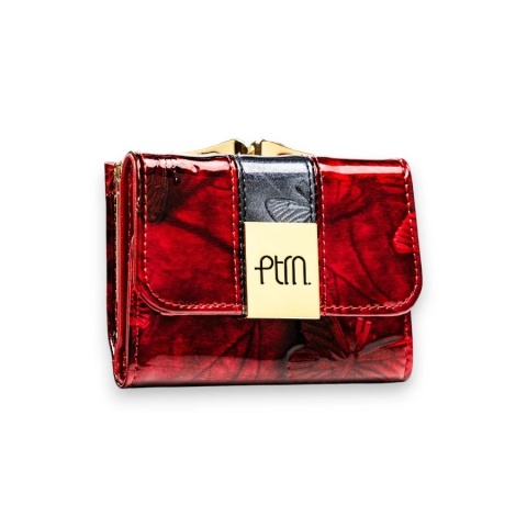Mały, skórzany portfel damski w czerwonym kolorze zamykany na zatrzask i bigiel - Peterson