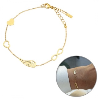 Bransoletka na rękę stal chirurgiczna pozłacana 14k złotem Celebrytka, skrzydełko, serca