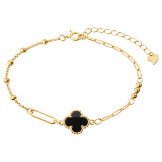 Bransoletka na rękę stal chirurgiczna pozłacana 14k złotem, koniczynka czarna