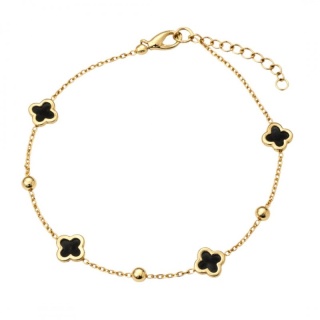 Bransoletka na rękę stal chirurgiczna pozłacana 14k złotem, koniczynki czarne BST1598