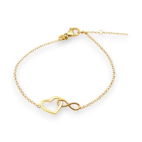 Bransoletka na rękę stal chirurgiczna pozłacana 14k złotem, serce, nieskończoność