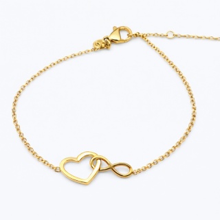 Bransoletka na rękę stal chirurgiczna pozłacana 14k złotem, serce, nieskończoność