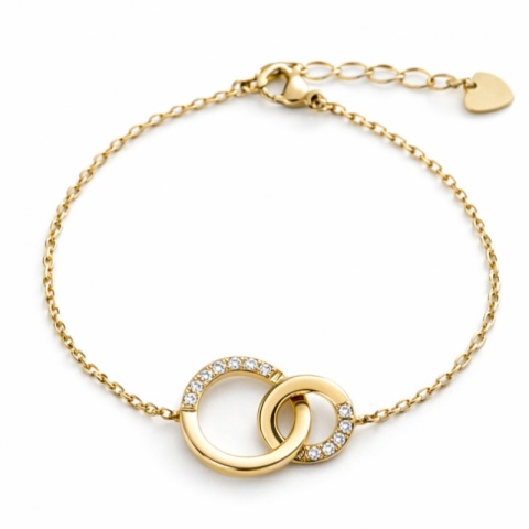 Bransoletka na rękę stal chirurgiczna pozłacana 14k złotem zaplecione kółka, cyrkonie