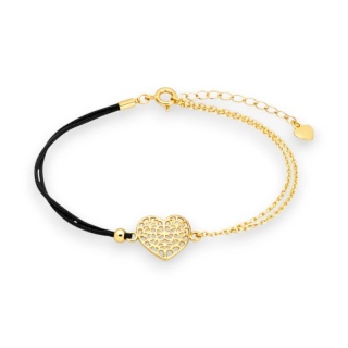 Bransoletka na rękę stal chirurgiczna pozłacana ażurowe SERCE, czarna na sznurku