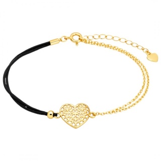 Bransoletka na rękę stal chirurgiczna pozłacana ażurowe SERCE, czarna na sznurku