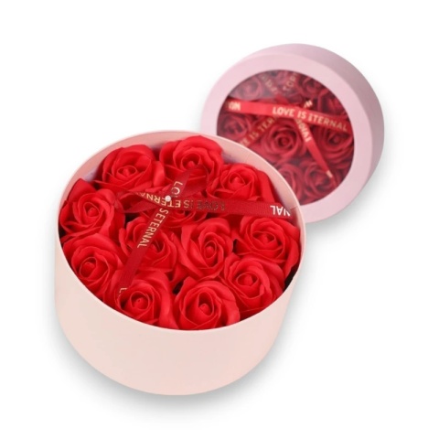 Bukiet zapachowych kwiatów mydlanych w ozdobnym pudełku, czerwone róże BUK26CZE