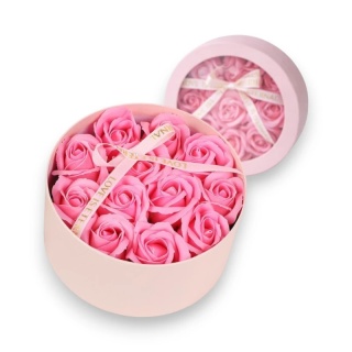 Bukiet zapachowych kwiatów mydlanych w ozdobnym pudełku, różowe róże BUK26R