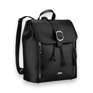 Czarny, niewielki plecak damski ze skóry ekologicznej wyposażony w nóżki ochronne - Rovicky