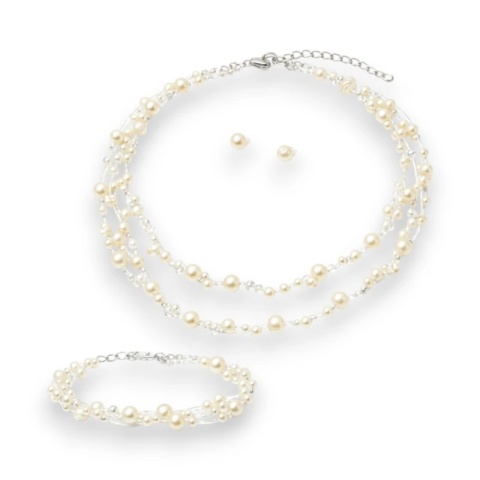 Delikatny zestaw ślubny z perłami, naszyjnik, bransoletka, kolczyki N1074