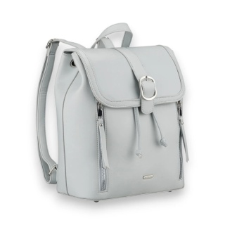 Pojemny plecak damski ze skóry ekologicznej w szarym kolorze wyposażony w nóżki ochronne - Rovicky