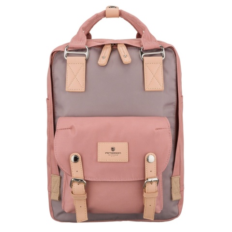 Różowo-szary plecak damski z poliestru i skóry ekologicznej, jednokomorowy - Peterson