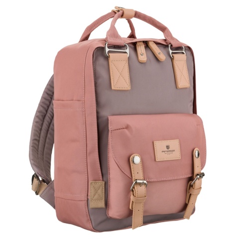 Różowo-szary plecak damski z poliestru i skóry ekologicznej, jednokomorowy - Peterson