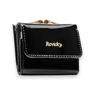 Czarny, mały portfel damski ze skóry naturalnej zamykany na bigiel i zatrzask - Rovicky