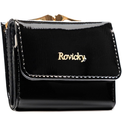Czarny, mały portfel damski ze skóry naturalnej zamykany na bigiel i zatrzask - Rovicky