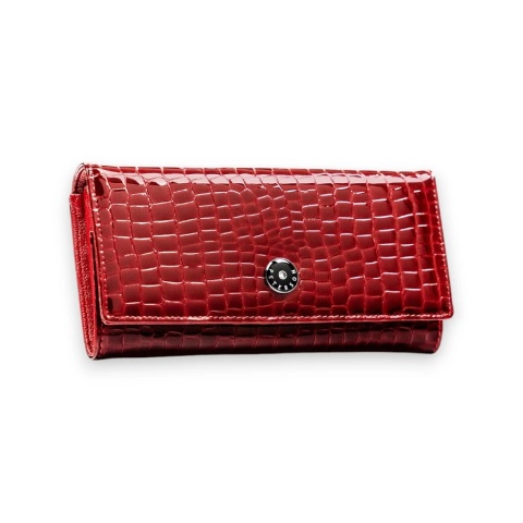 Czerwony, duży portfel damski ze skóry naturalnej z tłoczeniem na wzór skóry krokodyla - Peterson