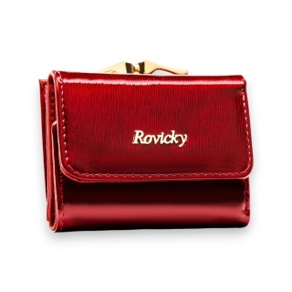 Czerwony, mały portfel damski ze skóry naturalnej zamykany na bigiel i zatrzask - Rovicky
