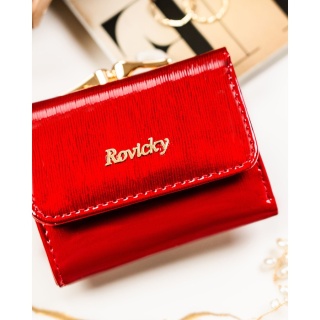 Czerwony, mały portfel damski ze skóry naturalnej zamykany na bigiel i zatrzask - Rovicky