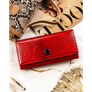 Czerwony portfel damski ze skóry naturalnej z tłoczeniem na wzór skóry krokodyla - Peterson