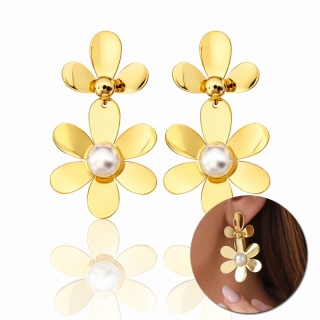 Kolczyki ze stali szlachetnej platerowane 14k złotem KWIATY perły KST3381