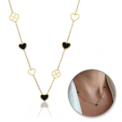 Naszyjnik stal szlachetna pozłacana 14k złotem, SERCA czarne i koniczynki