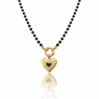 Naszyjnik stal szlachetna pozłacana 14k złotem, czarne koraliki, SERCE w sercu NST2247