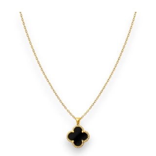 Naszyjnik stal szlachetna pozłacana 14k złotem, koniczynka czarna NST2253