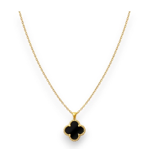 Naszyjnik stal szlachetna pozłacana 14k złotem, koniczynka czarna NST2253