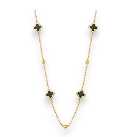 Naszyjnik stal szlachetna pozłacana 14k złotem, koniczynki czarne NST2251