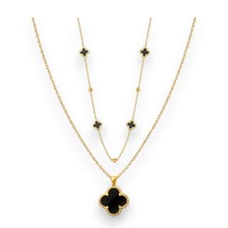 Podwójny naszyjnik stal szlachetna pozłacana 14k złotem, koniczynki czarne NST2252