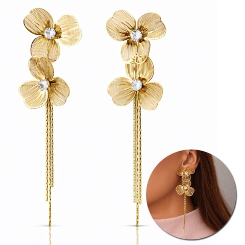 Kolczyki ze stali szlachetnej pozłacane 14k złotem, wiszące kwiaty z cyrkoniami KST3526