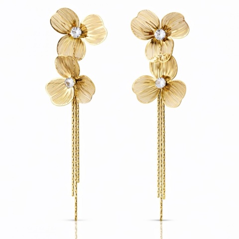 Kolczyki ze stali szlachetnej pozłacane 14k złotem, wiszące kwiaty z cyrkoniami KST3526