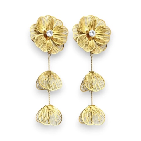 Kolczyki ze stali szlachetnej pozłacane 14k złotem, wiszące kwiaty z cyrkoniami KST3527