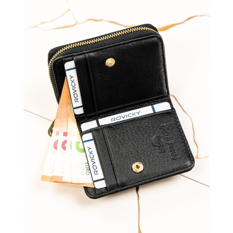Mały portfel damski ze skóry naturalnej w czarnym kolorze, wyposażony w system RFID - Rovicky
