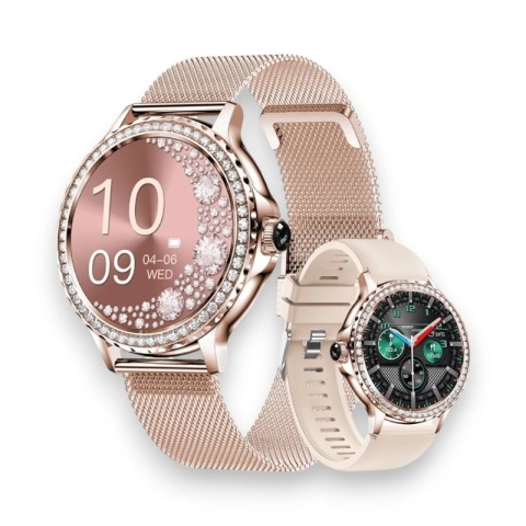 Smartwatch Damski VELTORI VT320-1 Złota Bransoleta + Różowy Pasek Silikonowy