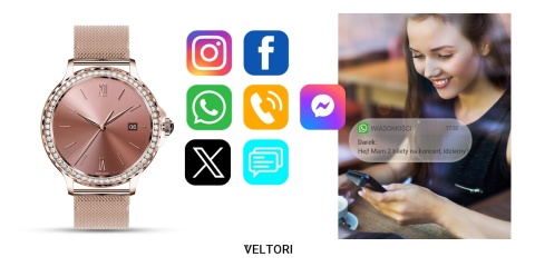 Smartwatch Damski VELTORI VT320-1 Złota Bransoleta + Różowy Pasek Silikonowy