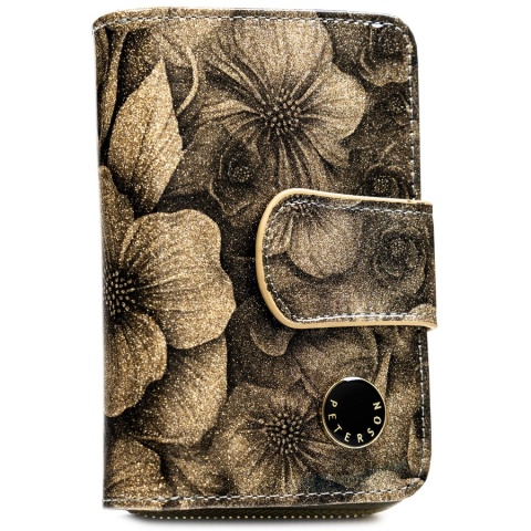 Złoty, pionowy portfel damski ze skóry naturalnej i ekologicznej, zamykany suwakiem i zatrzaskiem - Peterson